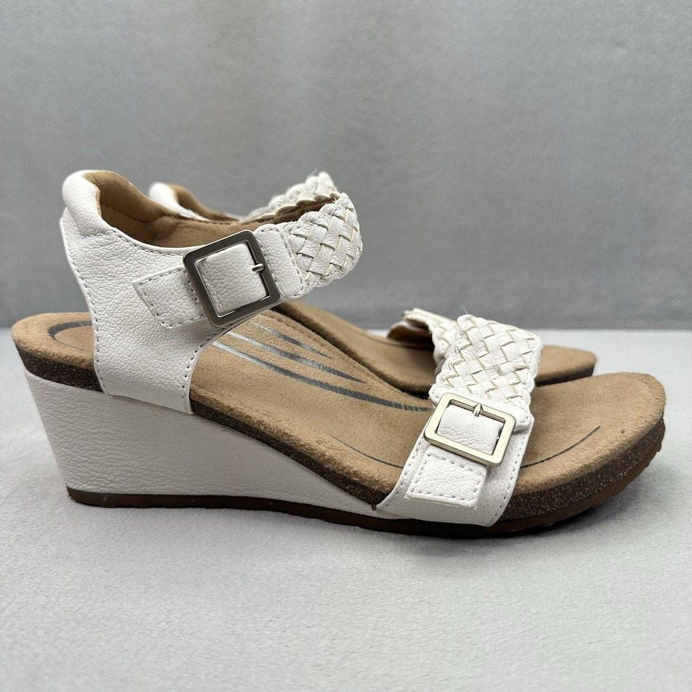 Womens Size 7.5-8 Aetrex Grace Adjustable Wedge Sandals White Braided Leather